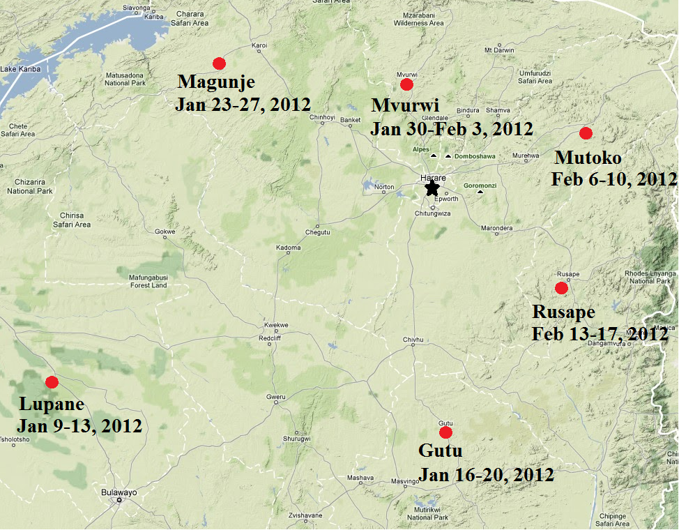 Map of The Team:Zimbabwe Screenings in Zimbabwe 2012